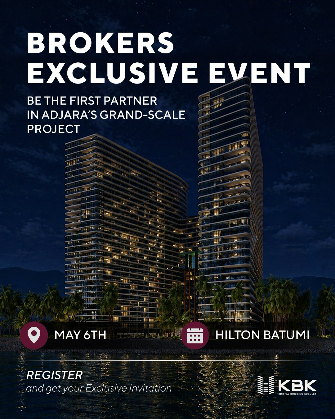 Architectural rendering of the new seaside residence — a curved-balcony tower set above palms and the shoreline.