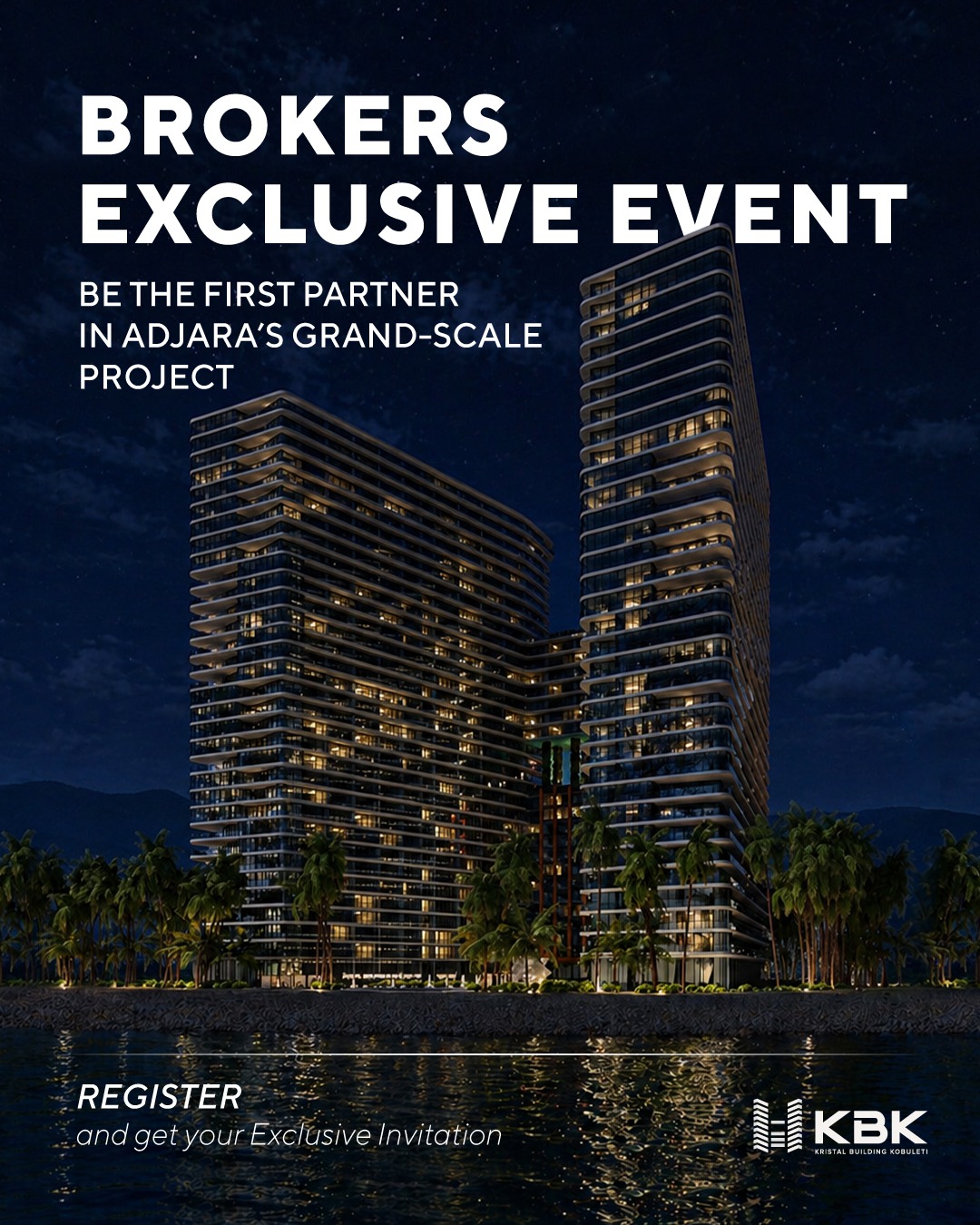 Architectural rendering of the new seaside residence — a curved-balcony tower set above palms and the shoreline.